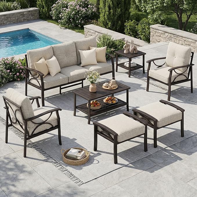 RoyalCraft 7-Pieces Outdoor Patio Furniture Set, Outdoor Metal Sectional Furniture with Cushions, Outdoor Conversation Seating Set with Coffee Table for Balcony, Backyard, Garden, Deck, Beige