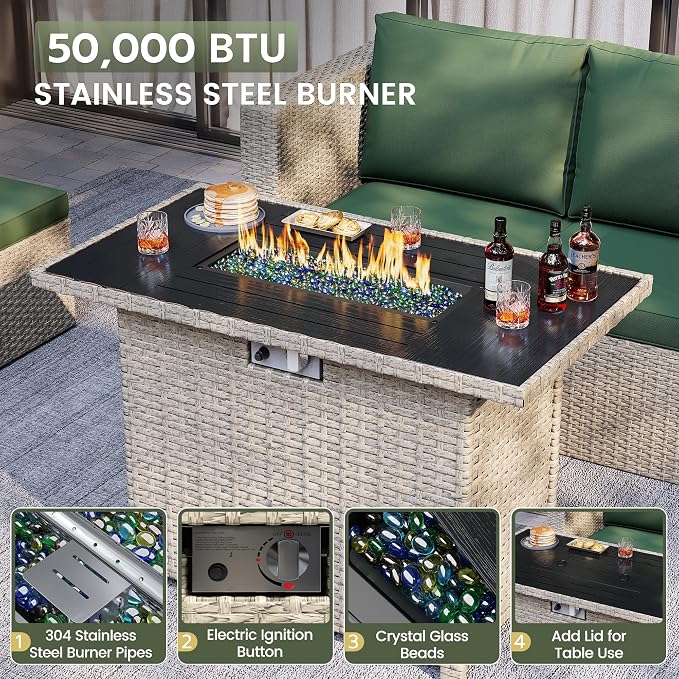 Amopatio 7 Pieces Patio Furniture Set with Fire Pit Table, All-Weather Wicker Outdoor Conversation Sofa Set with Glass Coffee Table, Cushions & Ottomans for Deck Backyard Porch Lawn Green