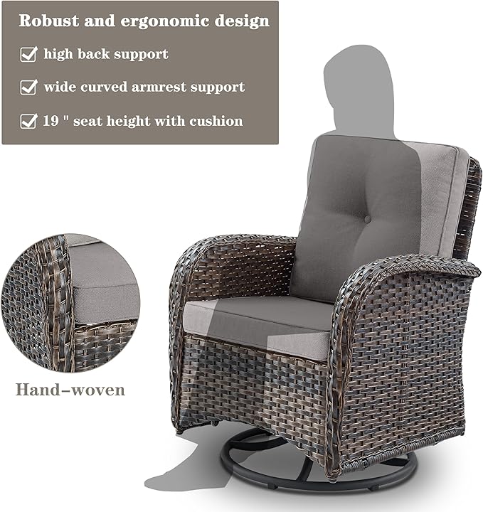 Belord Patio Furniture Swivel Glider PE Wicker Chairs, Outdoor Swivel Rocker Seating with Cushions for Porch Deck Balcony, Brown/Gray