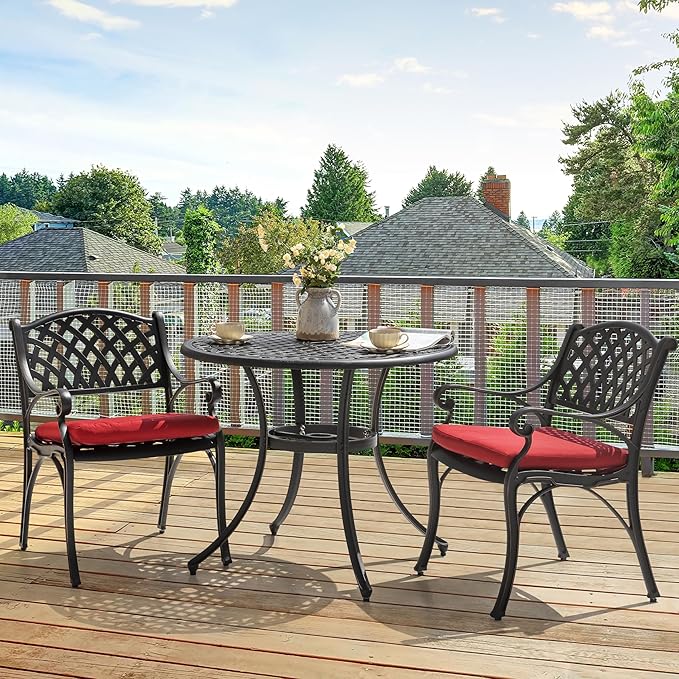 NUU GARDEN 35 Inch Patio Dining Table with Umbrella Hole, Outdoor Cast Aluminum Bistro Table, Black with Antique Bronze at The Edge