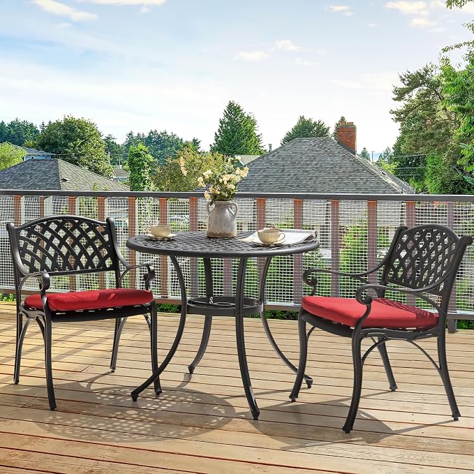 NUU GARDEN 35" Round Patio Bistro Table, Cast Aluminum Round Outdoor Bistro Table with Umbrella Hole for Poolside, Deck, Porch, Backyard, Balcony, Black with Antique Bronze Edge