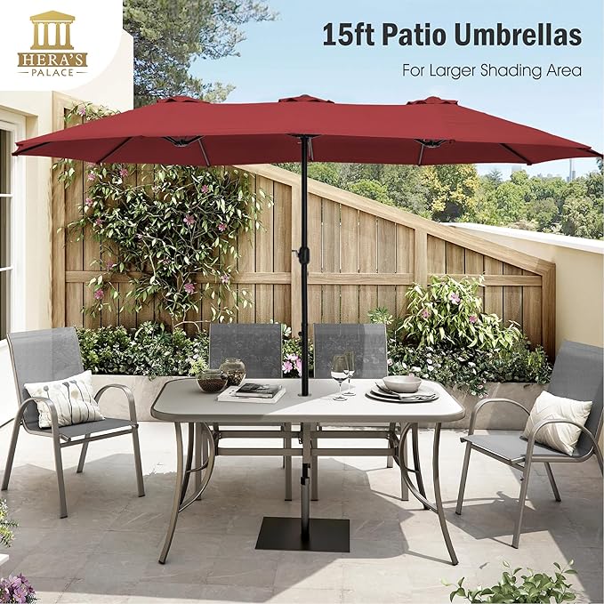HERA'S PALACE Umbrella Patio Outdoor with Base 15ft Rectangle Table Double Market Umbrellas Clearance Large Included Stand for Deck Outside Pool Picnic Inground Yard Commercial, Burgundy