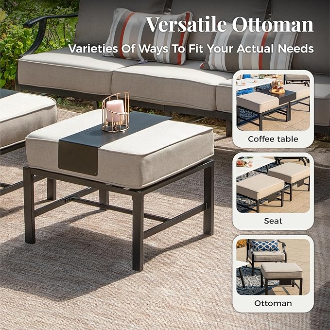 Patio Furniture Set 6 pcs, Outdoor Patio Furniture, 3-Seat Sofa, 2 Rocking Chairs, 2 Ottomans, Coffee Table and 5.75" Extra Thick Cushion, Patio Conversation Set for Backyard Deck,Beige