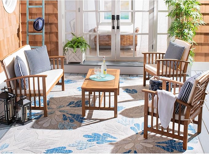 SAFAVIEH Outdoor Collection Rocklin Natural/ Beige Cushions/ Thin Stripe Pillows 4-Piece Conversation Patio Set