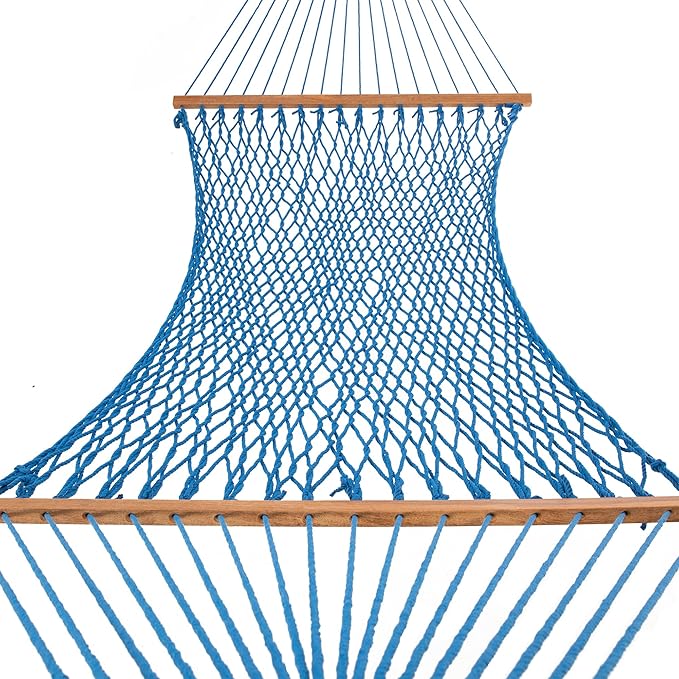 Nags Head Hammocks First Mate Coastal Blue DuraCord Rope Hammock – 12 ft. x 50 in., 450 lb Capacity, Cumaru Spreader Bar, Galvanized Hardware, Handcrafted in USA, Free Chains & Tree Hooks