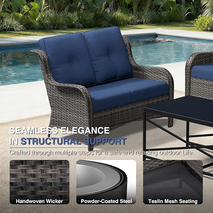 Joyside 5 Piece Wicker Patio Furniture Set, Outdoor Swivel Rocker Patio Chairs with High Back, Deep Seating, Wide Armrest, Thickened Cushions, Outdoor Furniture for Deck, Porch Use