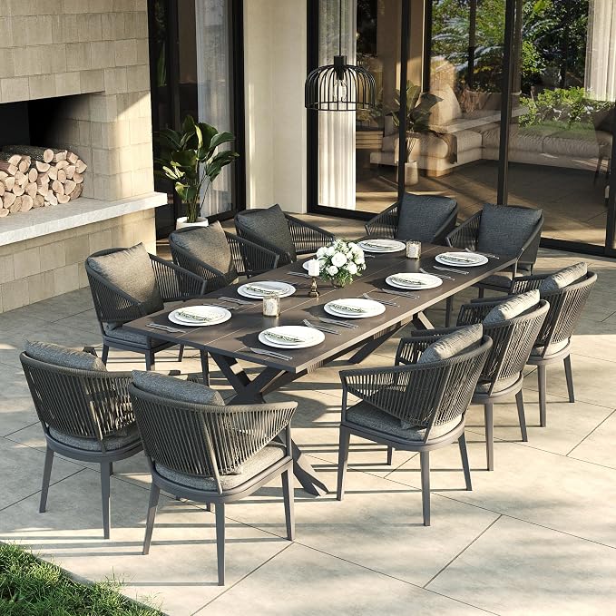LayinSun 11 Piece Outdoor Dining Table Set, Aluminum Modern Rectangular Dining Table and All-Weather Wicker Chairs Set for Patio Deck Indoor Decor Kitchen