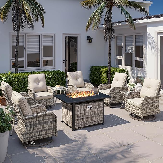 10Pcs Patio Rocking Swivel Chair with 55,000 BTU Fire Pit Table Outdoor Wicker Rattan Bistro Set with Tempered Glass Side Table, Outdoor Patio Furniture Set for Garden and Balcony, White
