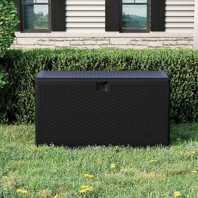 73 Gallon Large Resin Deck Storage Box, Weatherproof Lockable Outdoor Organizer with Woven Strap Design, Durable HDPE Chest for Patio Garden Tools, Pool Toys, Furniture Cushions