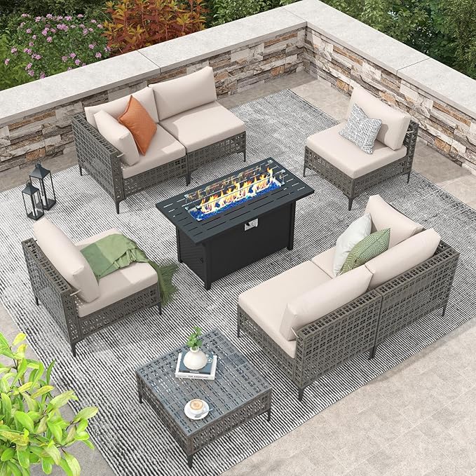 Patiorama 8 Piece Wicker Patio Furniture Set with 45” Fire Pit Table, Metal-Colored PE Rattan Outdoor Sectional Sofa, 50000 BTU Propane Fire Pit w/Wind Guard,Cover,Water Resistant Cushion-Sand Beige