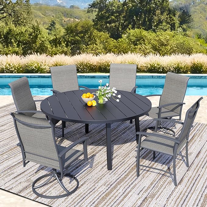 7 Piece Outdoor Patio Dining Set for 6, 47" Black Round Metal Table with 6 Grey Chairs, All-Weather Outdoor Furniture Set for Backyard, Lawn, Deck, or Poolside