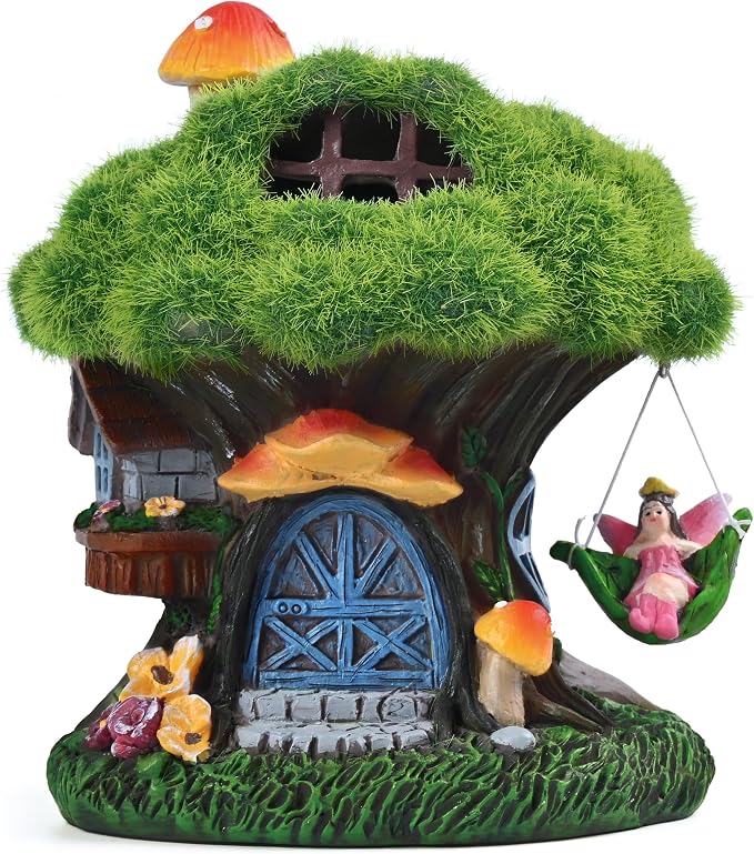 TERESA'S COLLECTIONS Fairy House Outdoor Statues with Solar Light for Garden Decor, Green Moss Resin Outdoor Cottage with Swinging Fairy, Lawn Ornaments Yard Decor Gifts for Mom Women, 5.1"