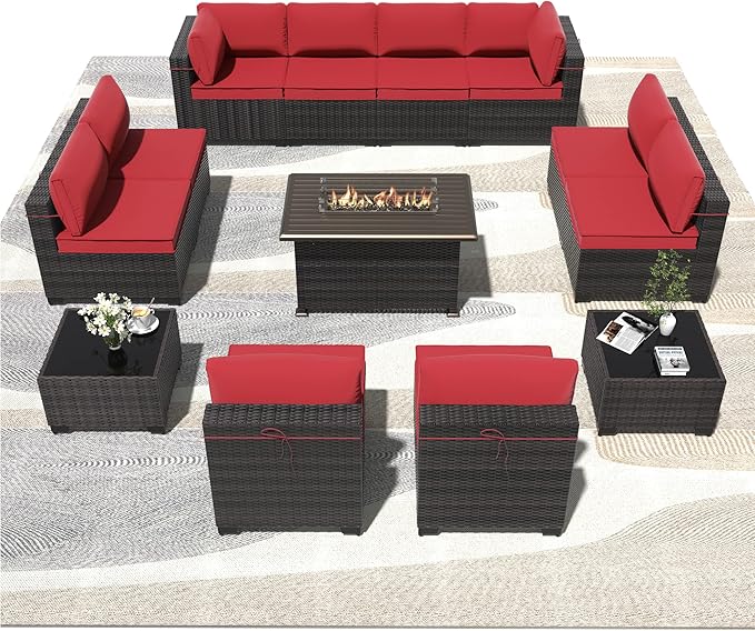 Outdoor Patio Furniture Set with Gas Fire Pit Table, 13 Pieces Outdoor Furniture Set Patio Sectional Sofa w/43in 55000 BTU Propane Fire Pit, PE Wicker Rattan Patio Conversation Sets - Red