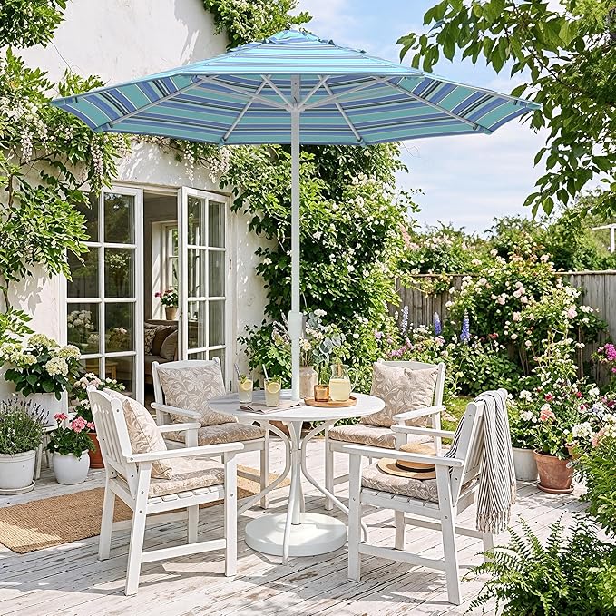 California Umbrella 12-Year Protection 7.5-Ft Outdoor Patio Umbrella, Sunbrella Fade-Resistant Fabric, Auto-Tilt, Heavy Duty Aluminum Frame, 8 Reinforced Ribs for Pool or Deck, White Pole, Dolce Oasis