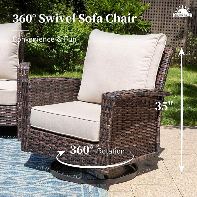 Patio Wicker Swivel Chairs Set of 2, Outdoor High Back Chairs with 5.5" Waterproof Cushions and Side Table, Outdoor Furniture Set for Deck Porch and Yard, Beige