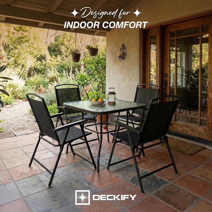 6-Piece Outdoor Patio Furniture Set for 4, Patio Table and Chairs Set with Umbrella, All-Weather Steel Frame & Glass Top Dining Table Set for Backyard, Lawn - Black