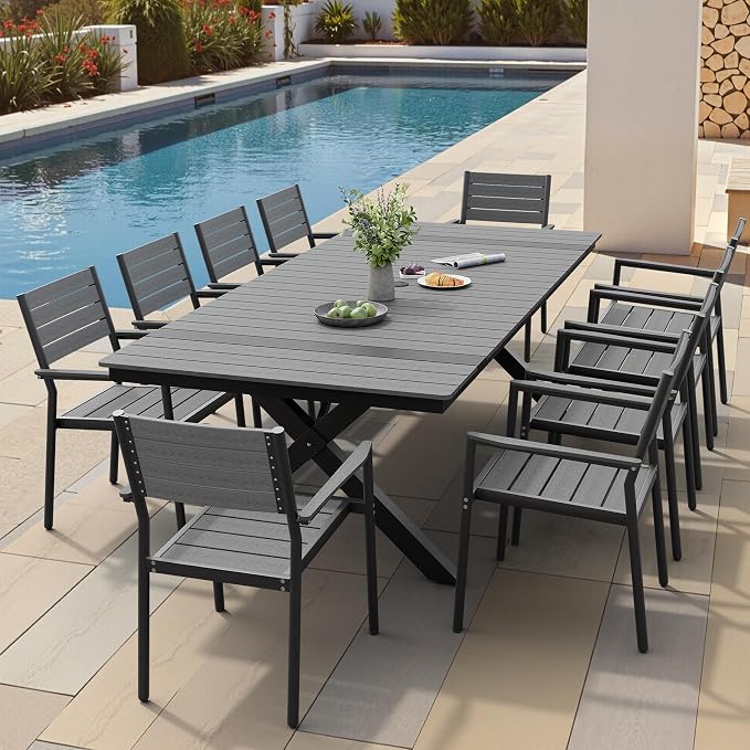 Pellebant 11 Piece Patio Table and Chairs Set for 10, Aluminum Outdoor Dining Set with Umbrella Hole, Stackable Dining Chairs & 94" Dining Table, Grey(TD063)