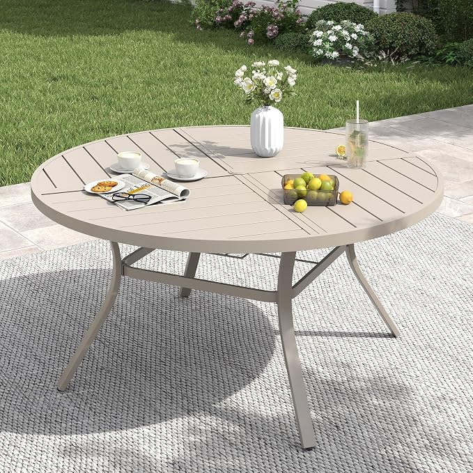VICLLAX 50" Round Patio Table with Umbrella Hole, All Weather Metal Outdoor Dining Table for 6, Outside Table with Storage Shelf for Lawn Garden, Sandshell Color