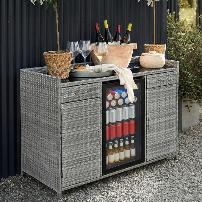 RUNNA 53.5" W Outdoor Wicker Storage Cabinet with Fridge Space,Weatherproof Outdoor Mini Fridge Bar Cabinet with Adjustable Shelves & Drawers for Pool Towel Storage,Garden,Kitchen (Grey#64)