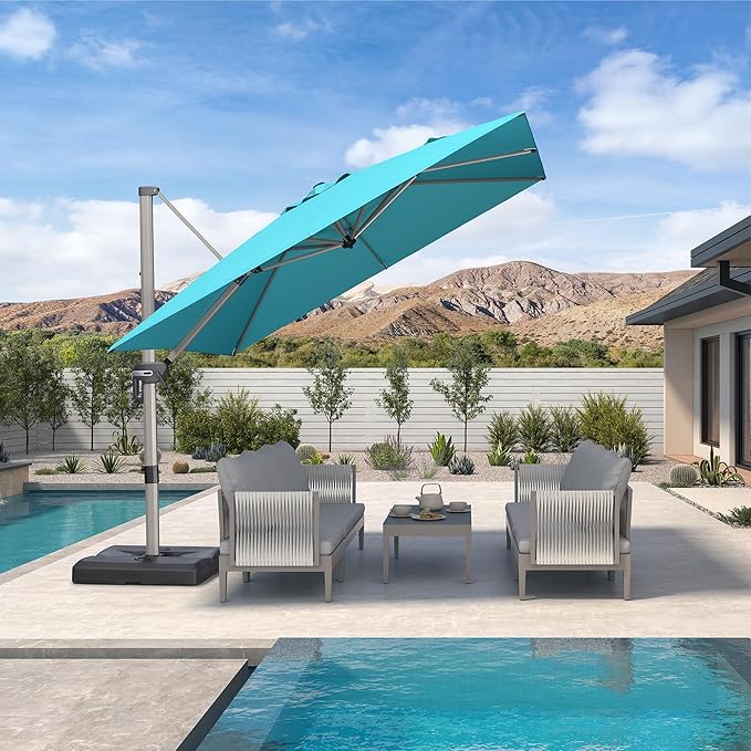PURPLE LEAF 9’ X 9‘ Patio Umbrella Outdoor Cantilever Umbrella, Aluminum Offset Umbrella with Champagne Frame and 360° Rotation for Pool Deck Garden, Turquoise Blue
