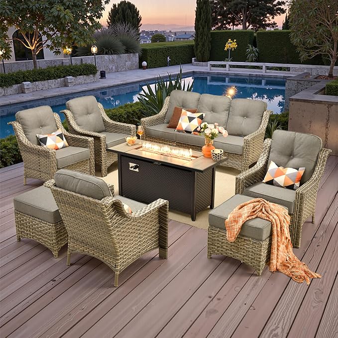 Outdoor Patio Furniture Sets, 8 PCS Patio Conversation Set Outside Rattan Sofa with 54 in Fire Pit Table Comfy Cushions Fit Backyard Porch Garden Poolside Balcony,Dark Grey