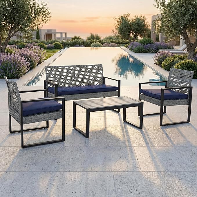 OVENTA Outdoor Patio Furniture Set, 4 Piece Rattan Chairs with Coffe Table for Backyard, Balcony, Deck, Front Porch, Patio Conversation Seating Sets for Outside, Juego Muebles de Exterior(Light Gray)