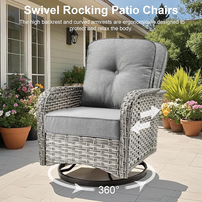 Outdoor Patio Furniture Sets,9 PCS Patio Conversation Set Outside Rattan Sectional Sofa with 42 in Fire Pit Table Wicker Rocking Chair Coffee Table Fit Backyard Porch Garden Poolside Balcony