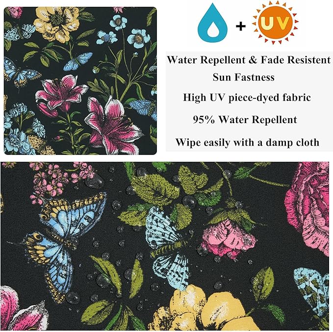 FUNHOME Outdoor Chair Cushion Covers 2 Pack, No Insert! Patio Cushion Covers Replacement 24" x 24" x 4", Water Resistant Patio Chair Cushion Slipcovers, Black Flower Butterfly(Covers ONLY)