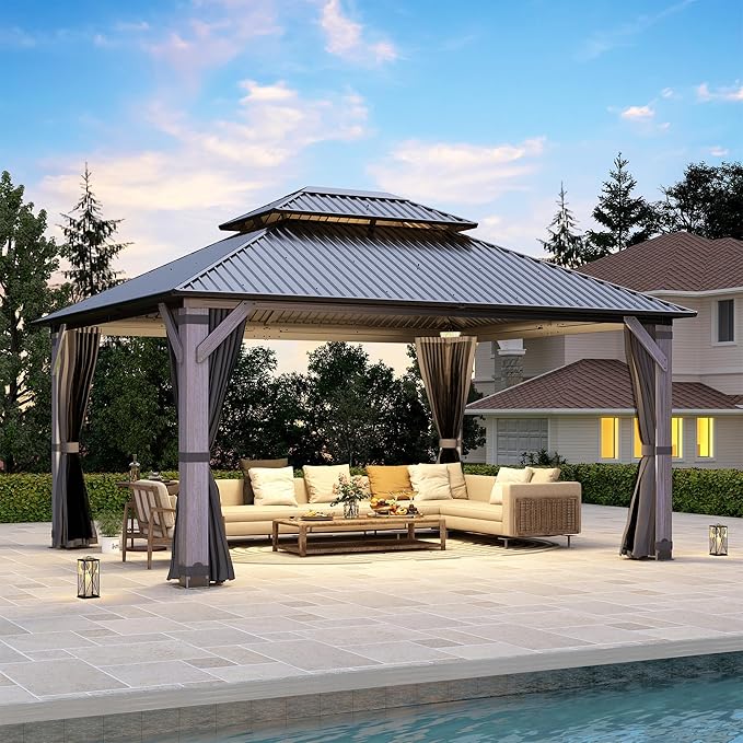 12' x 14' Wood Gazebo, Outdoor Hardtop Gazebo with Wood Posts and Galvanized Steel Doule Roof, Wooden Frame Gazebos with Netting and Curtains for Patio, Backyard, Deck Garden