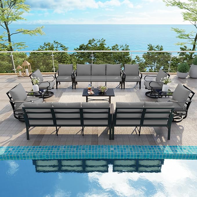 12 Pieces Patio Conversation Sets, All-Weather Metal Swivel Rocking Chairs with Rope Furniture Set, Outdoor Sofa Couch for Deck, Porch, Garden, Backyard, Poolside (Gray Cushions)