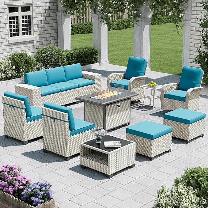 12-Piece Outdoor Patio Furniture Set with Fire Pit, Modular Sectional Sofa Set with Swivel Rocker Chairs & Ottomans, Wicker Outdoor Couch Conversation Sets w/Coffee Table and Cushions, Cyan