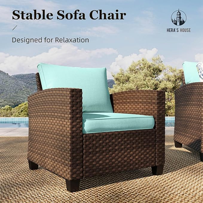 HERA'S HOUSE Outdoor Patio Furniture Set, 7 Pieces Wicker Patio Conversation Sets, Outside Sectional Deep Seating Sofa Set for Lawn Backyard Porch, Brown/Blue