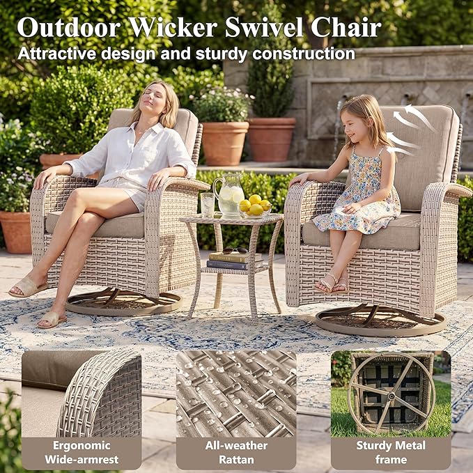 Patio Furniture Set, 17-Piece Outdoor Sectional Sofa with Swivel Rocker Chairs & 2-Layer Glass Coffee Table, Wicker Patio Conversation Set with Khaki Cushions