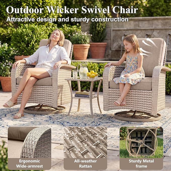 Patio Furniture Set, 12-Piece Outdoor Sectional Sofa with Swivel Rocker Chairs & Ottomans, Wicker Patio Conversation Set with Coffee Table, Khaki Cushions