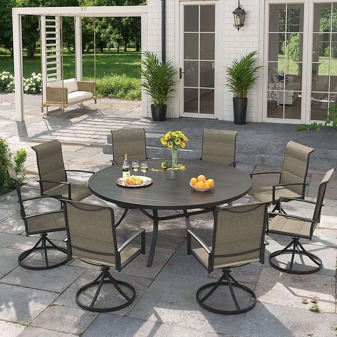 VICLLAX 9 Pieces Outdoor Dining Set, Patio Furniture Set Includes 53" Round Metal Table W/ 1.9" Umbrella Hole and 8 Padded Textilene Swivel Chairs for Porch, Lawn, Garden, Backyard