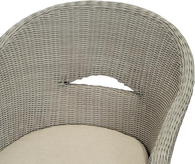 Christopher Knight Home Ambes 7 Piece Acacia Wood Outdoor Dining Set for 6, Patio Dining Table and Chair Set with Curved Rattan Backrest & Cushions, Outdoor Dining Table Set, Beige+Grey Ash+Brown