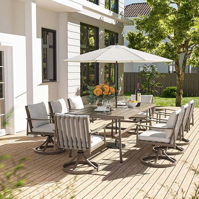 HAPPATIO 9-Piece Patio Dining Set for 8, Aluminum Outdoor Dining Set with Cushions, 8 Swivel Dining Chairs, 1 Large Rectangular Table with Umbrella Hole for Lawn, Porch, Backyard, Gray