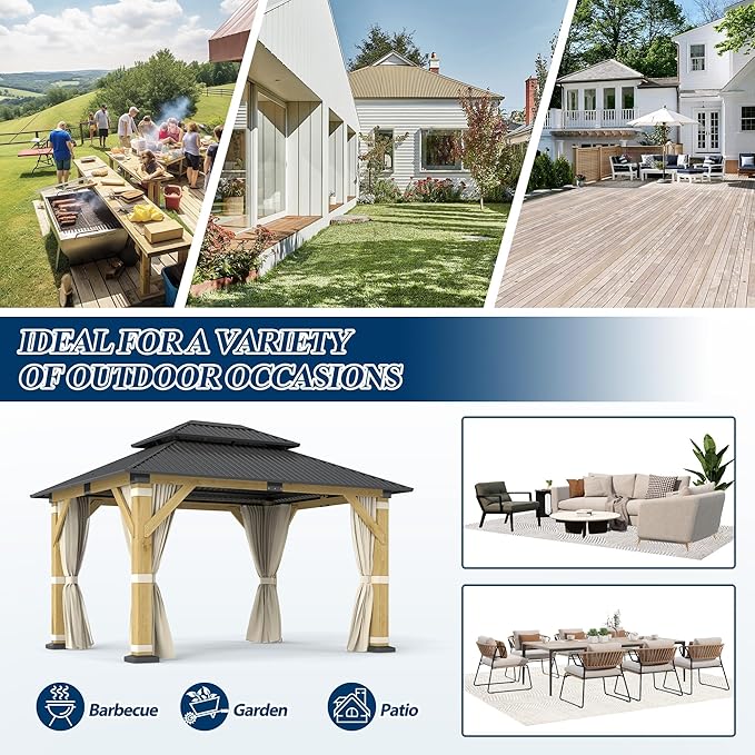 COVERONICS 10FT x 12FT Outdoor Wood Gazebo - Galvanized Steel Hardtop Gazebo with Heavy-Duty Double Roof, Patio Wooden Gazebo for Garden with Netting & Curtains, Poolside, Deck, Backyard