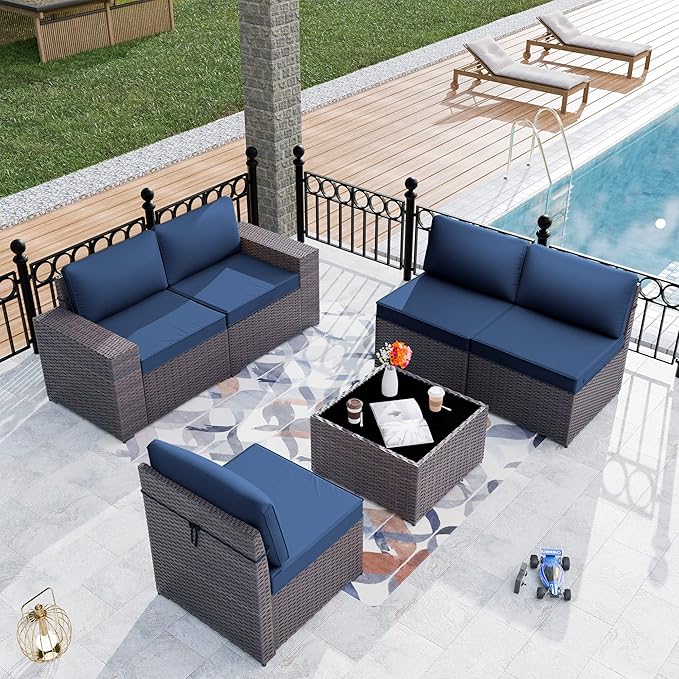 Patio Furniture Set Sofa 6-Pieces Wicker Sectional Sofa Set, Outdoor Furniture Rattan Patio Conversation Set with Thickened Cushion and Glass Coffee Table, Navy Blue