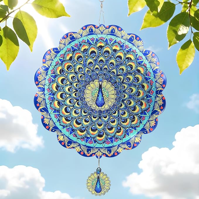 Peacock Wind Spinners Outdoor, 3D Stainless Steel Metal Wind Spinners, 12 Inch Laser Cut Kinetic Hanging Sculpture, Yard Art, Garden Decor, Peacock Gifts for Women, Men, Mom, Grandma