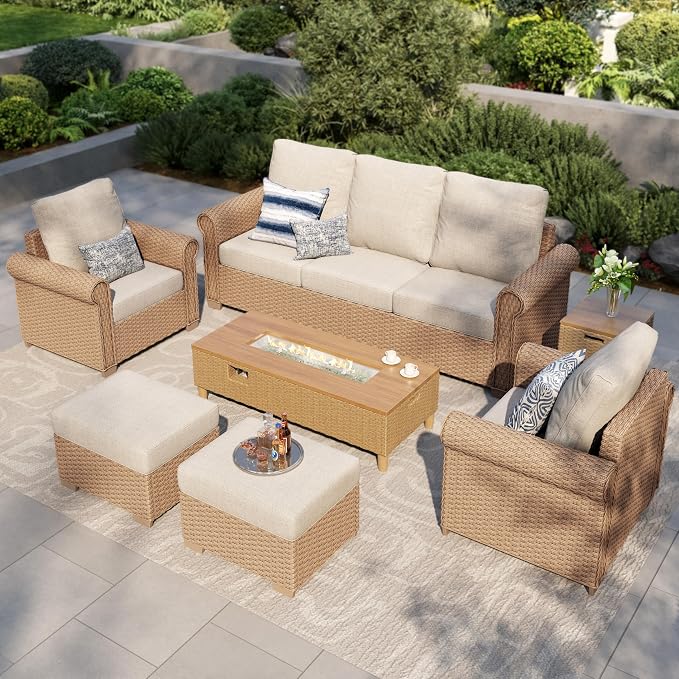 MIXPATIO Patio Furniture Set, 6 Piece Wicker Outdoor Furniture Set with Fire Pit Table & Thick Waterproof Cushions, 7 Seats Patio Conversation Set for Backyard Deck, Beige