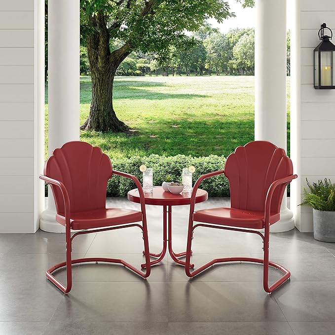 Crosley Furniture Tulip 3-Piece Outdoor Chair and Side Table Set, Retro Metal Patio Conversation Sets, Red