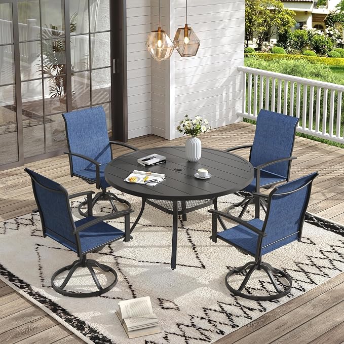 VICLLAX 5 Pieces Patio Dining Set, Outdoor Dining Set for 4-40.6" Round Outdoor Table and Swivel Patio Chair Set for Deck, Lawn and Garden, Black Table and Blue Chairs