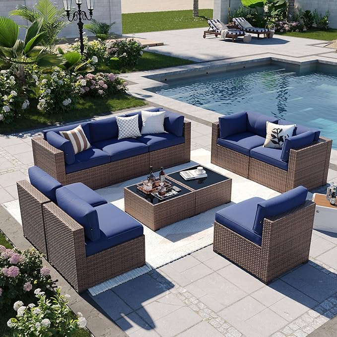 Aoxun Patio Furniture Sets, 10-Piece Outdoor Patio Furniture with Thick Cushions, Wicker Outdoor Conversation Set Sectional Sofa for Backyard, Poolside, Garden