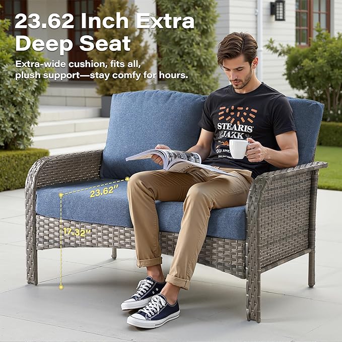 7 Pieces Patio Conversation Sets,Patio Furniture Set with Swivel Rocking Chairs,Coffee Table, Side Table, All Weather Rattan Wicker Outdoor Sectional Furniture Set for Porch Balcony Backyard Blue
