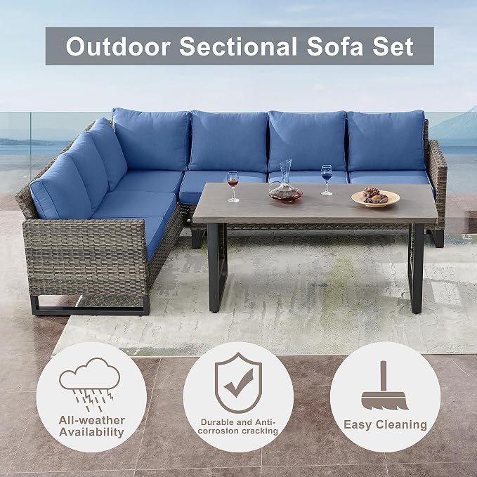 Belord Outdoor Sectional Sofa 6 Seater L Shaped Couch Wicker Patio Conversation Furniture Set Rattan Outdoor Furniture with Removable Washable Cushion Blue