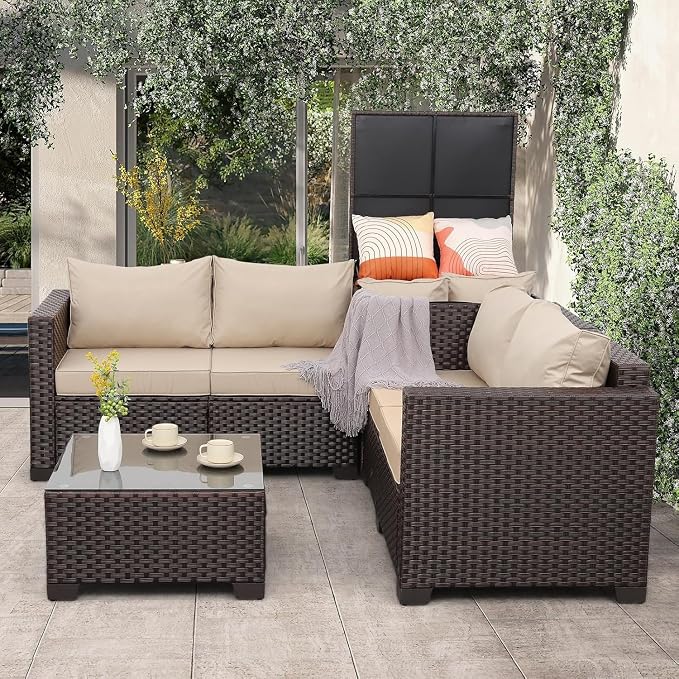 4-Piece Outdoor Patio Furniture Set with Dark Brown PE Wicker Rattan Sectional Loveseat Couch, Conversation Sofa with Storage Box, Glass Top Table, and Non-Slip Grey Cushions for Backyard Garden Loung