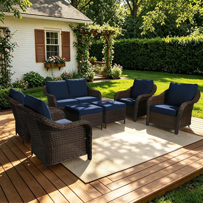 7 Piece Patio Wicker Conversation Set, All-Weather Use Outdoor Wicker Loveseat with 4 PE Rattan Ottomans,4 Chair, Ideal for Porch, Backyard, Balcony, Poolside, Blue