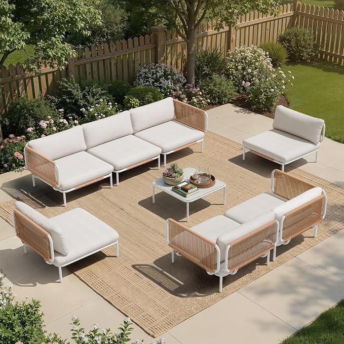 7 Piece Modern Outdoor Sectional Sofa, 31" Oversized Patio Furniture Set with Olefin Woven Rope, Weather-Resistant Metal Frame and Removable Cushion, Beige