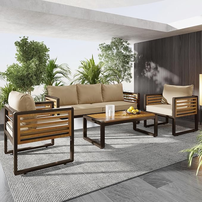 Large 4-Piece Outdoor Patio Sofa Set for 5 People,Garden Conversation Set with Removable Cushions,Metal & Wood Frame,Acacia Wood Tabletop,Modern Minimalist Design,Waterproof and UV-Proof, Brown